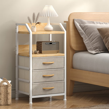 Industrial Rustic End Table with Storage - Nightstand with 3 Fabric Drawers & 2 Shelves, Wood & Metal Bedside Table Suitable for Bedroom, Living Room, Small Spaces - Assembly, Space-Saving