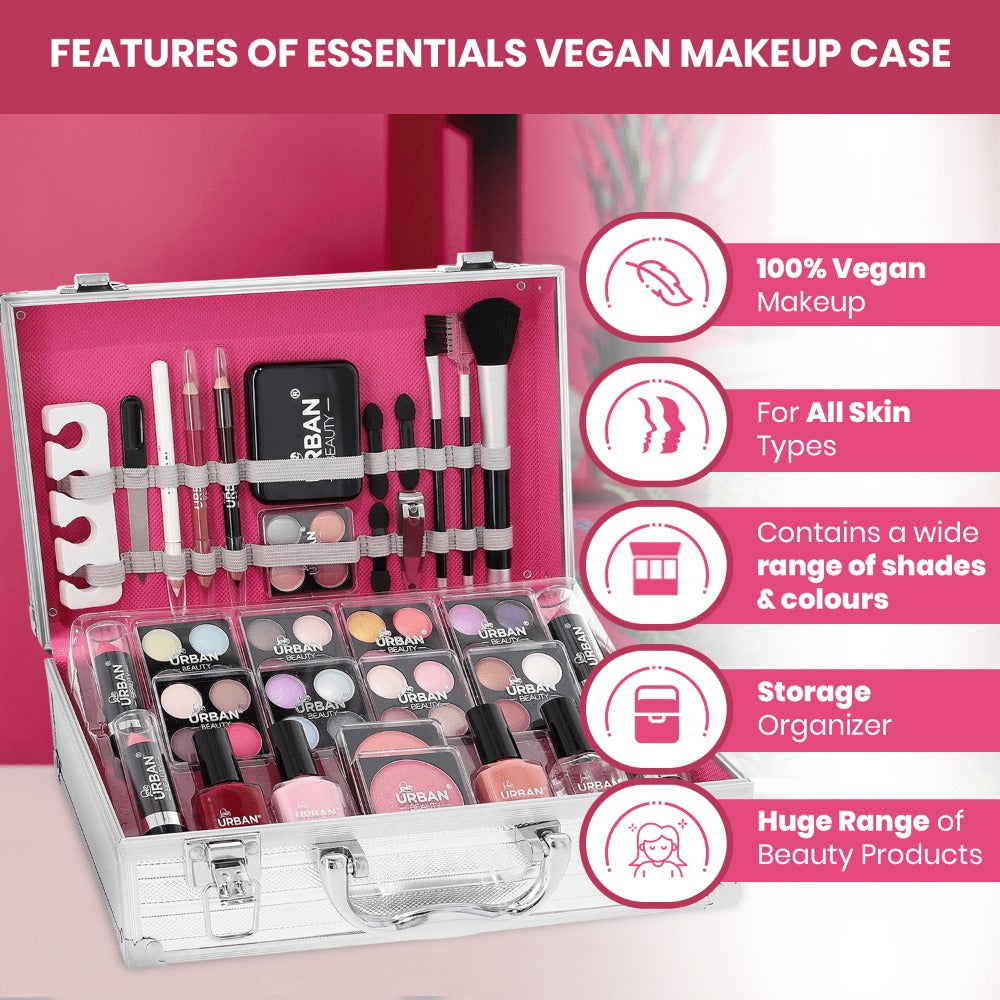 64-Piece Vegan Makeup Set in Silver Vanity Case – Love Urban Beauty Cosmetics Kit for Teens & Women UK