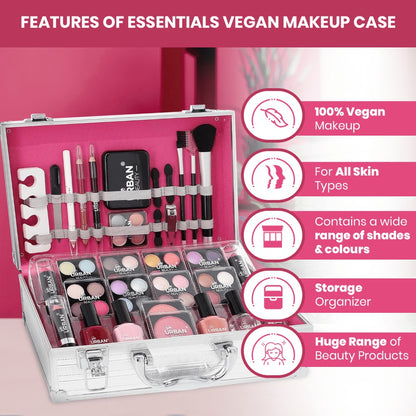 64-Piece Vegan Makeup Set in Silver Vanity Case – Love Urban Beauty Cosmetics Kit for Teens & Women UK