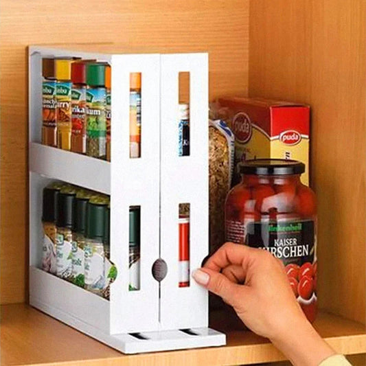 1 piece, double-layer rotating kitchen spice rack, plastic shelf, multi-purpose organizer for kitchen, pull-out cabinet and countertop storage for spice bottles and cans, space saving storage rack, white, size: 28 cm W x 10.2 cm D x 27.5 cm H