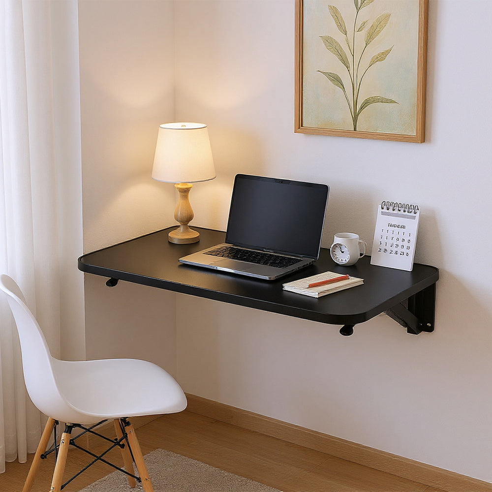 Folding Wall-Mounted Laptop Desk, Space-Saving Study and Reading Table, Metal Iron Frame Design, Durable and Sturdy Wall Desk for Home or Office, Black/White, 52x24cm / 65x24cm / 75x24cm