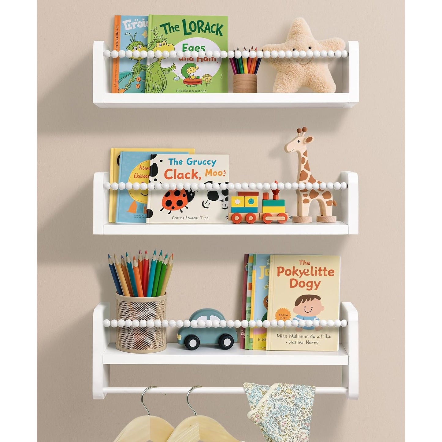 40cm Set of 3 Shelves Floating Book Shelf for Wall, Shelves for Bedroom Bookshelf Pink Room Decor, Solid Wood Small Organizer With Wooden Bead Design