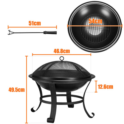 Costoffs Fire Pit, Outdoor Fire Pit Round Steel Fire Bowl for Camping, Hiking and Beach Parties, Patio Fire Pit with Mesh Screen Cover Fire Poker Log Grate for Yards, Porches, Patio, Stores, Patio BBQ Camping Bonfire, Black
