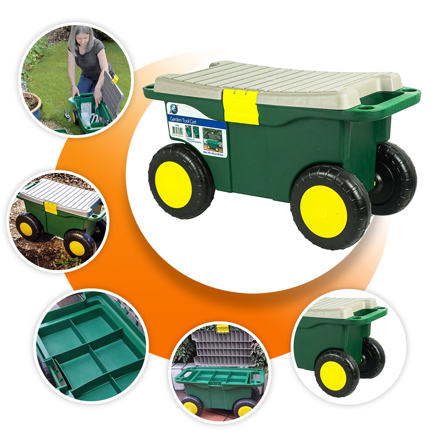Garden Tool Cart & Seat with Wheels – Portable Rolling Weeding Stool with Built-In Tool Storage & Removable Organiser Tray for Gardening, Weeding & DIY Tasks