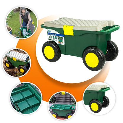 Gardeners Tool Cart and Seat, Wheeled Portable Rolling Weeding Stool and Tool Storage, Green
