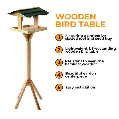 Wooden Bird Table Feeding Station - Heavy Duty Wood Bird Feeder Table for Outdoor Garden - Complete Wild Free Standing Bird Food House