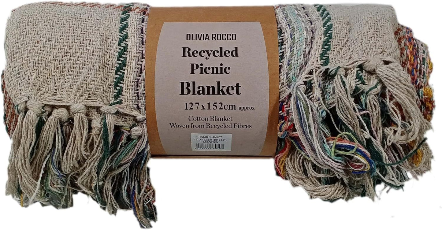 Picnic Blanket Check Stripe Design Super Soft Cosy Sofa Bed Camping Beach Garden Throw made from Recycled Cotton