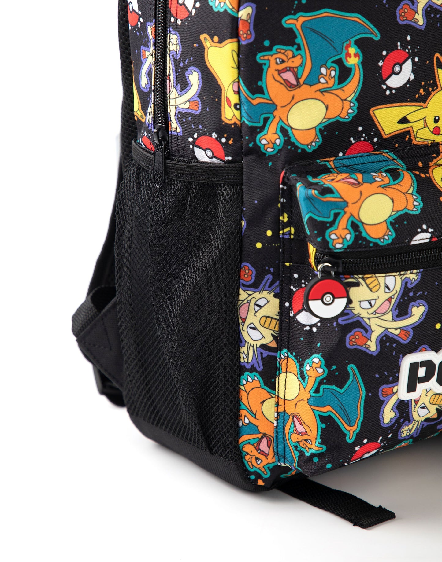 Pokémon Pikachu Charizard Gengar Meowth Backpack in Black | Kids Character All-Over Print Bag | Adjustable Shoulder Straps, Front Pocket & Mesh Holder