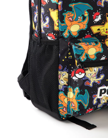 Pokémon Pikachu Charizard Gengar Meowth Backpack in Black | Kids Character All-Over Print Bag | Adjustable Shoulder Straps, Front Pocket & Mesh Holder