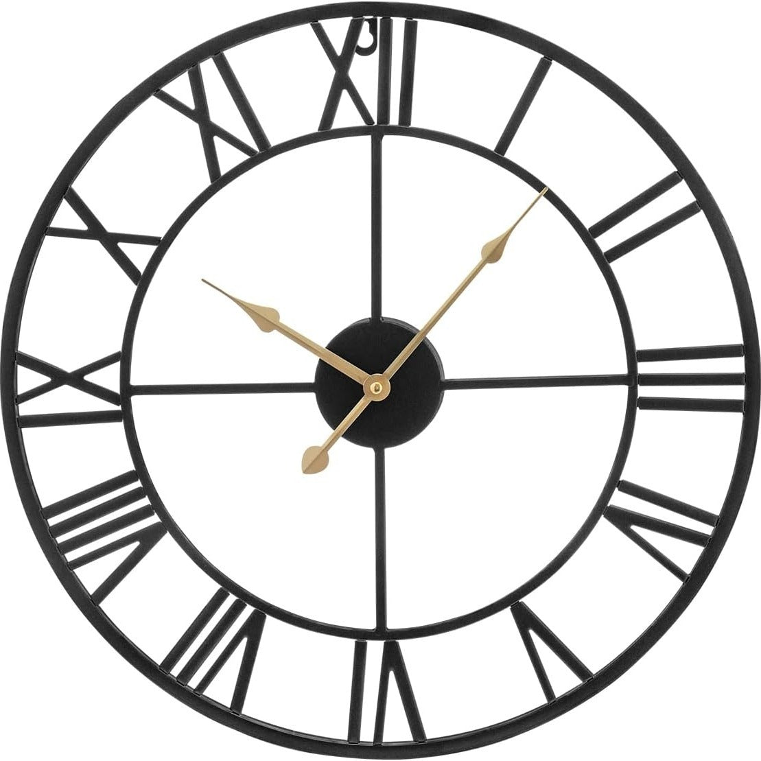 Large Wall Clock Metal Vintage Large Black Wall Clock Round Silent Skeleton Roman Numerals Hanging Clock Battery Wall Clock for Living Room Bedroom Kitchen Hotel Office Black