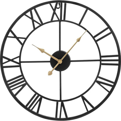Large Wall Clock Metal Vintage Large Black Wall Clock Round Silent Skeleton Roman Numerals Hanging Clock Battery Wall Clock for Living Room Bedroom Kitchen Hotel Office Black