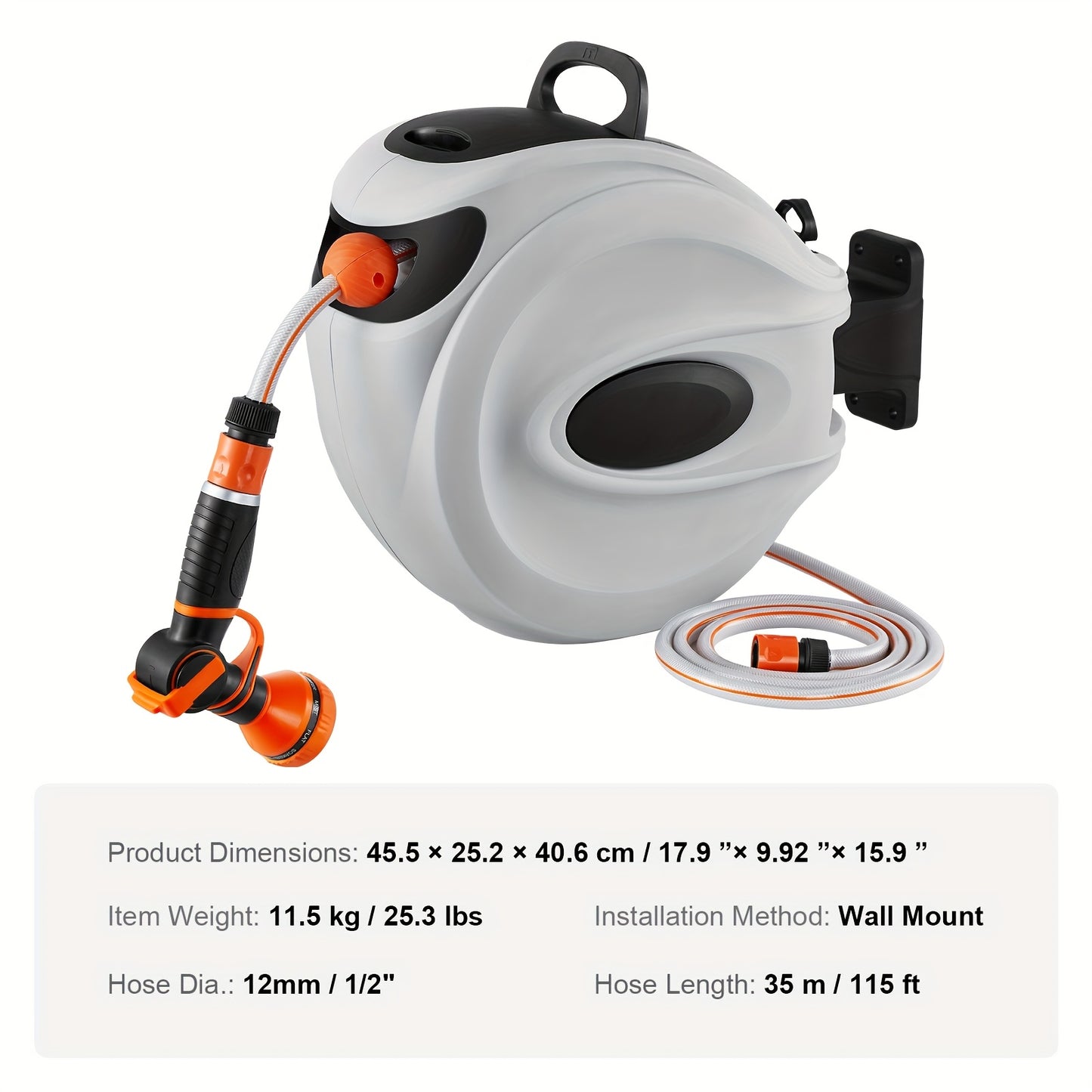VEVOR Retractable Hose Reel Water Hose Reel 20m1/2 Inch2m/25m1/2 Inch2m115'x1/2" 180° Swivel Wall-Mounted