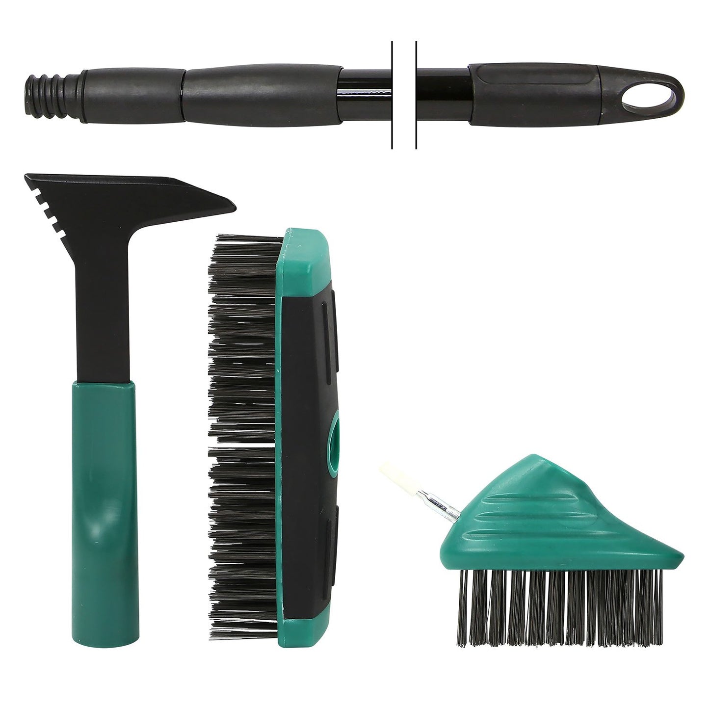 Taylor & Brown 4 in 1 Telescopic Weed Remover Brush Wire Head Paving Decking Clean Scrub Moss Weed Remover Tool Wire Brush Scraper Set with Metal Broom & Weed Removal Head Green