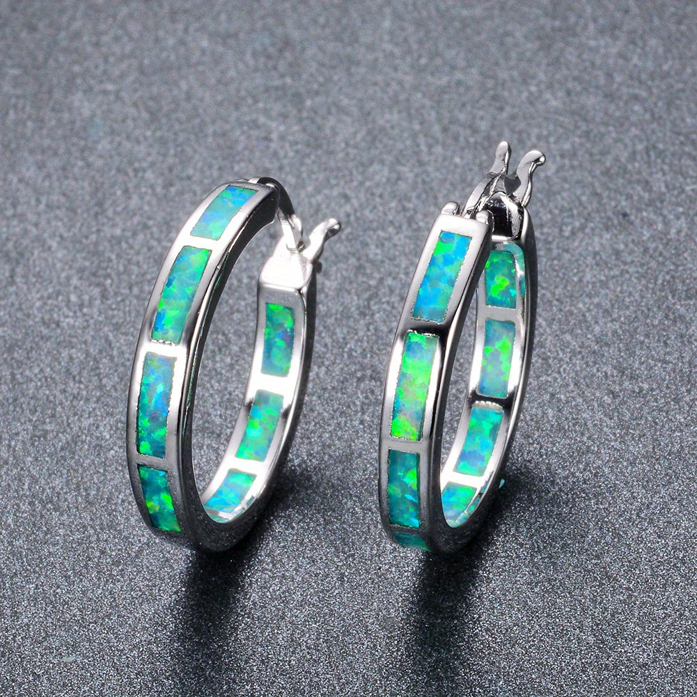 Boho Vintage Blue White Synthetic Opal Earrings | 14K Golden Plated Copper Hoop Earrings for Women, Suitable for Daily and Party Occasions