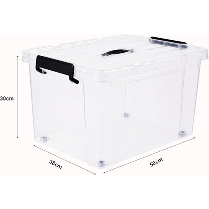 3‑Pack Clear 43L Storage Boxes with Lids & Wheels – Stackable Plastic Containers with Secure Clips and Integrated Handles for Home, Bedroom, Office & Kitchen Organisation