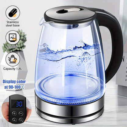 1.8L Electric Kettle Glass Smart Attemperation LED Lighting Portable Jug 2200W Fast Boil Swivel Base 7 Colors Change Lights Temperature Control