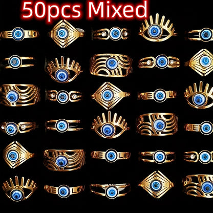 10/20/30/50pcs/Lot Vintage Stainless Steel Devil'S Eye Rings for Men And Women Wholesale Mix Design Blue Eyes Geometric Fashion Jewelry Mixed Model Random Shipment Without Box Opp Bag