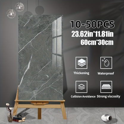10-50pcs Marble Pattern Self-Adhesive Wall Decor Stickers, Glossy Finish, Washable Crystal Plastic Surface Recommended, Rectangle Waterproof And Oil Resistant Vinyl Wall Panels for Kitchen Bathroom Decor, for Halloween Christmas