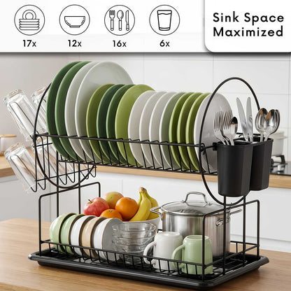 AEX 2 Tier Dish Drainer Rack – Stainless Steel Kitchen Counter Dish Drying Rack with Drip Tray, Cutlery Holder and Cup Holder