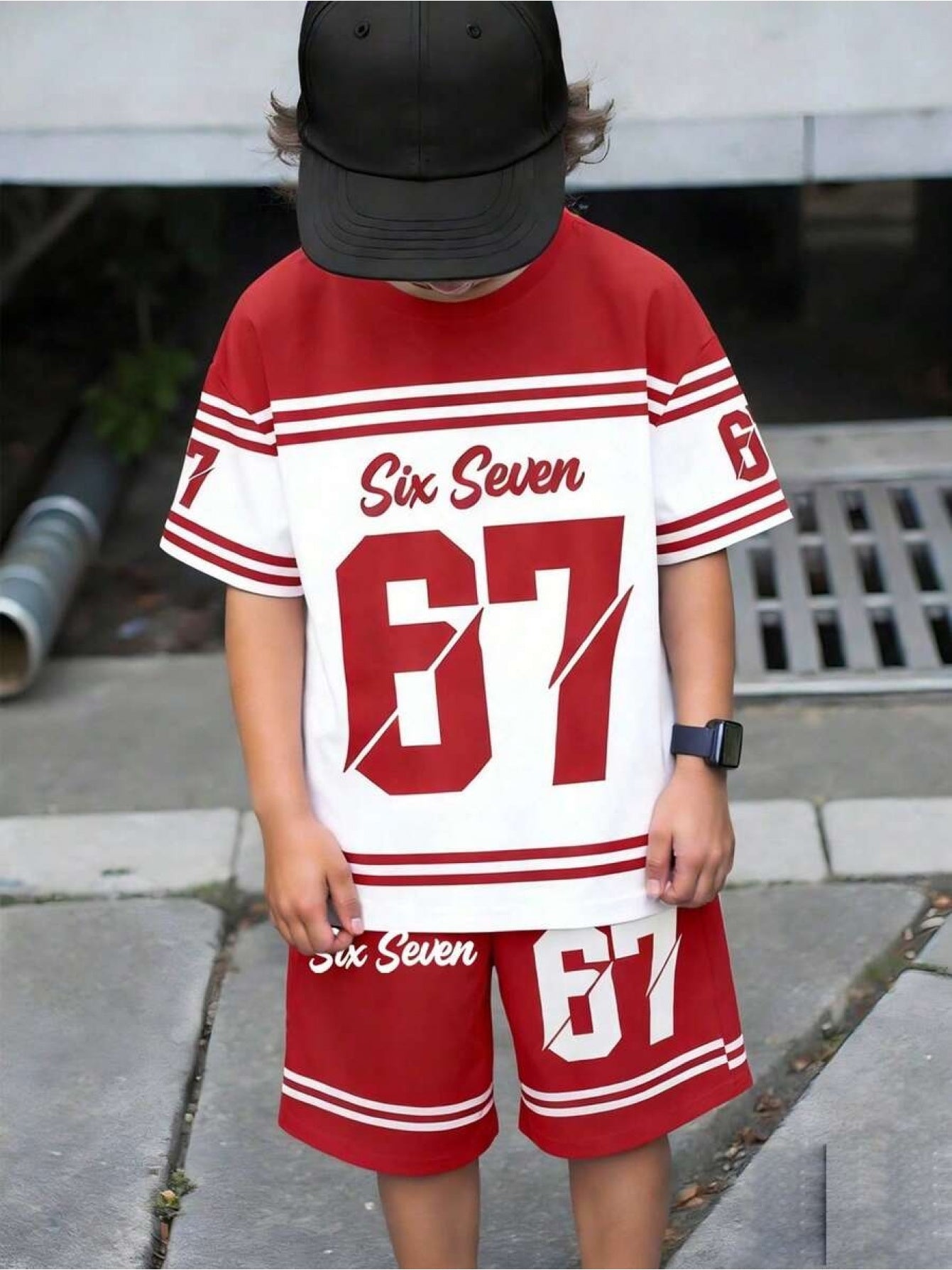 2pcs/Set Boys' Casual Stylish Creative Graphic Number 67 Cartoon Print Short Sleeve T-Shirt And Shorts Set, Comfortable Daily Wear for Spring, Summer & Autumn, for Outdoor