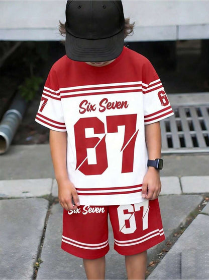 2pcs/Set Boys' Casual Stylish Creative Graphic Number 67 Cartoon Print Short Sleeve T-Shirt And Shorts Set, Comfortable Daily Wear for Spring, Summer & Autumn, for Outdoor