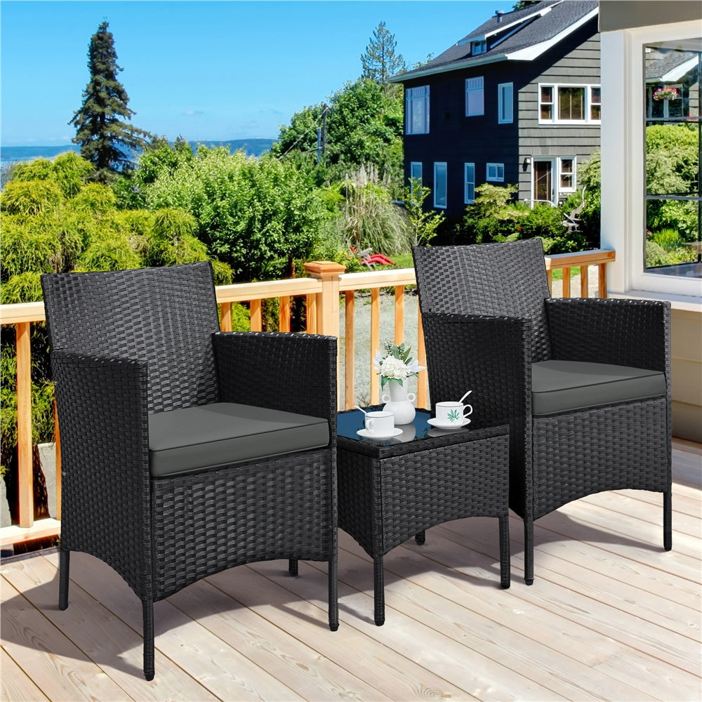 Costoffs Set of 3 Patio Table and Chairs, Outdoor Wicker Conversation Furniture Set, 2pcs Woven Rattan Chairs with Cushions and 1 Side Table