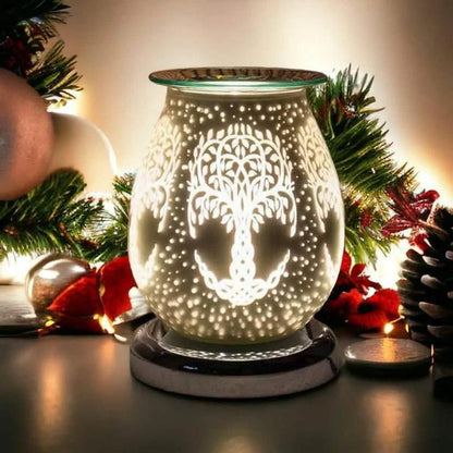 White Satin Tree Of Life Aroma Touch Lamp Wax Tart Warmer and Oil Burner Fragrance Diffuser
