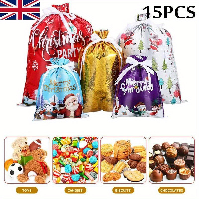 15/18X Large Christmas Sacks Reusable Foil Drawstring Wrap Present Gifts Party Bags, Big Gift Bags, Gift Bags Medium Size, Christmas Gift Ideas, Gift Bags, Clear Large Gift Bags, Holiday Presents, Festive Packaging, Shiny Gift Wrap Reusable.