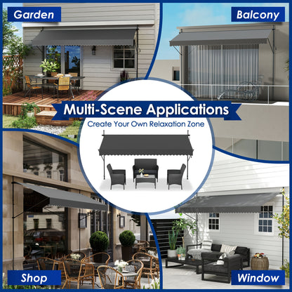Retractable Awning with Hand Crank, No Drilling UV-Resistant Sun Protection, Height Adjustable for Patio Balcony, 200 X 120 Cm, Dark Gray/Light Gray/Gray And White Stripes/Blue And White Stripes