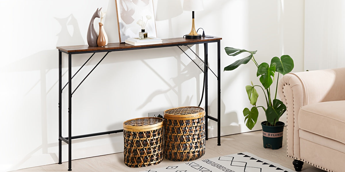 AMHANCIBLE Console Table with Charging Station, Narrow Sofa Table, 1 AC Socket & USB Ports, Entrance Table, Narrow Side Table for Living Room, Metal Frame, Brown