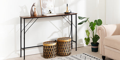 AMHANCIBLE Console Table with Charging Station, Narrow Sofa Table, 1 AC Socket & USB Ports, Entrance Table, Narrow Side Table for Living Room, Metal Frame, Brown