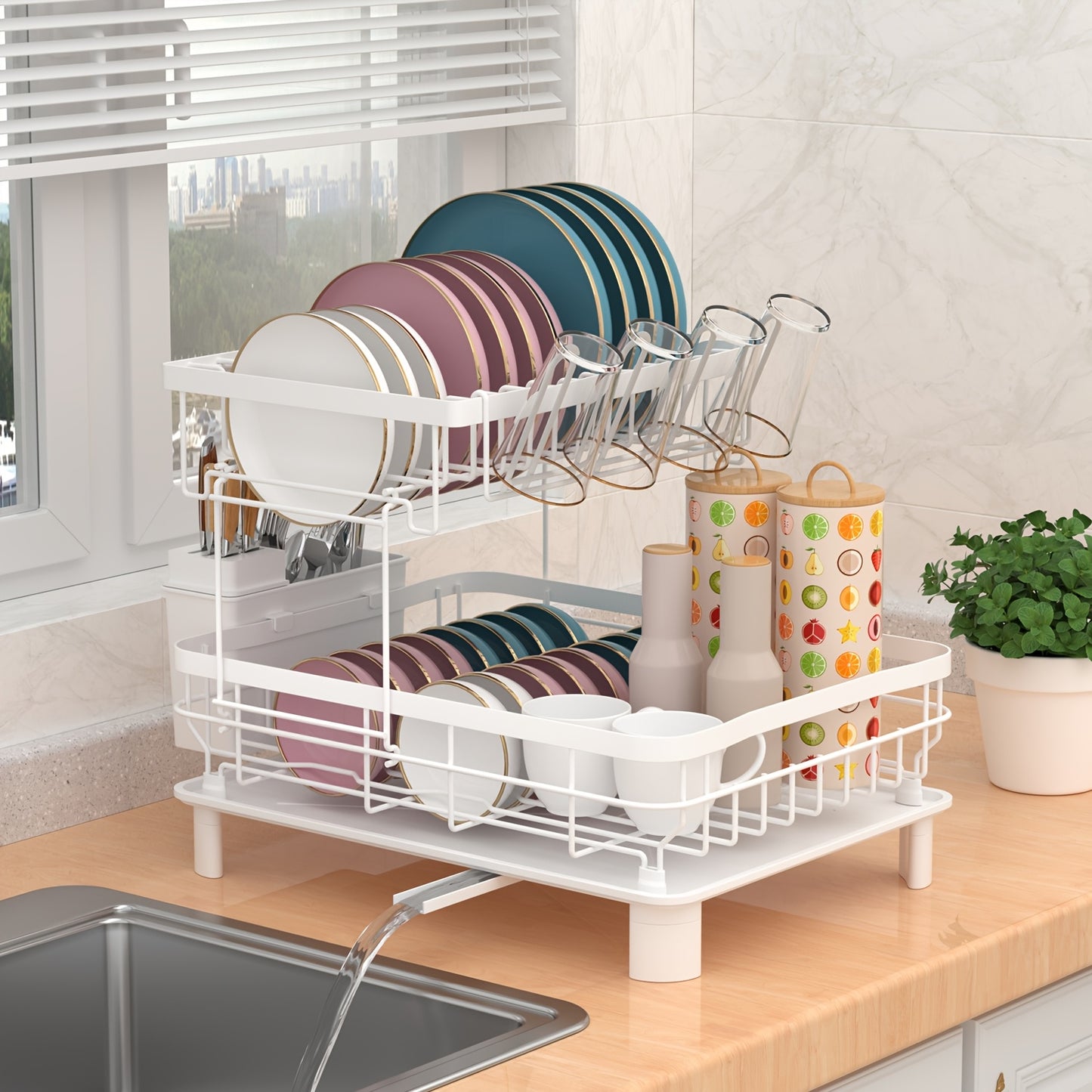 Dish Drainers, Large Dish Drying Rack, Double Layer Dish Rack For Kitchen Counter With Drainage Plate, Dish Rack With Tableware Rack And Cup Holder