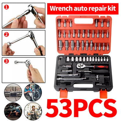 53pcs 1/ 4" Drive Ratchet Socket Wrench Set, with Carbide Screwdriver Bits - 1/ 4" Drive Ratchet with Flat, Hex, & Torx Heads, Extension Rod - Durable Tool Kit for Car Maintenance & Household Tasks