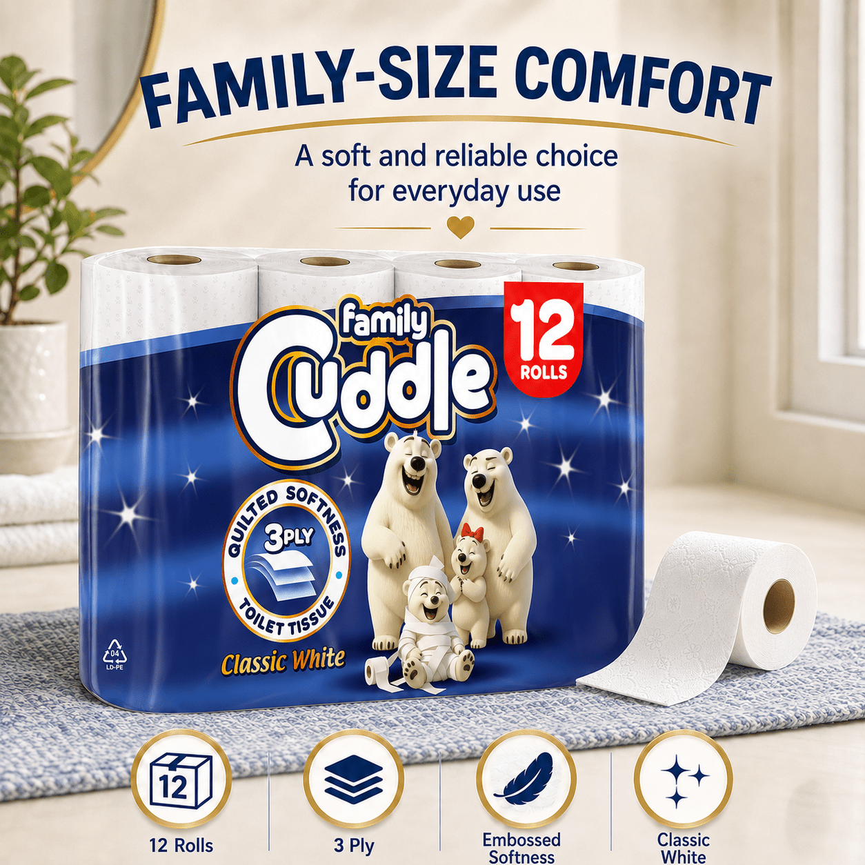 120 FAMILY Cuddle 3 Ply Soft Quilted Non Scented Toilet Rolls 60 x 2 Original Toilet Roll Bulk Buy
