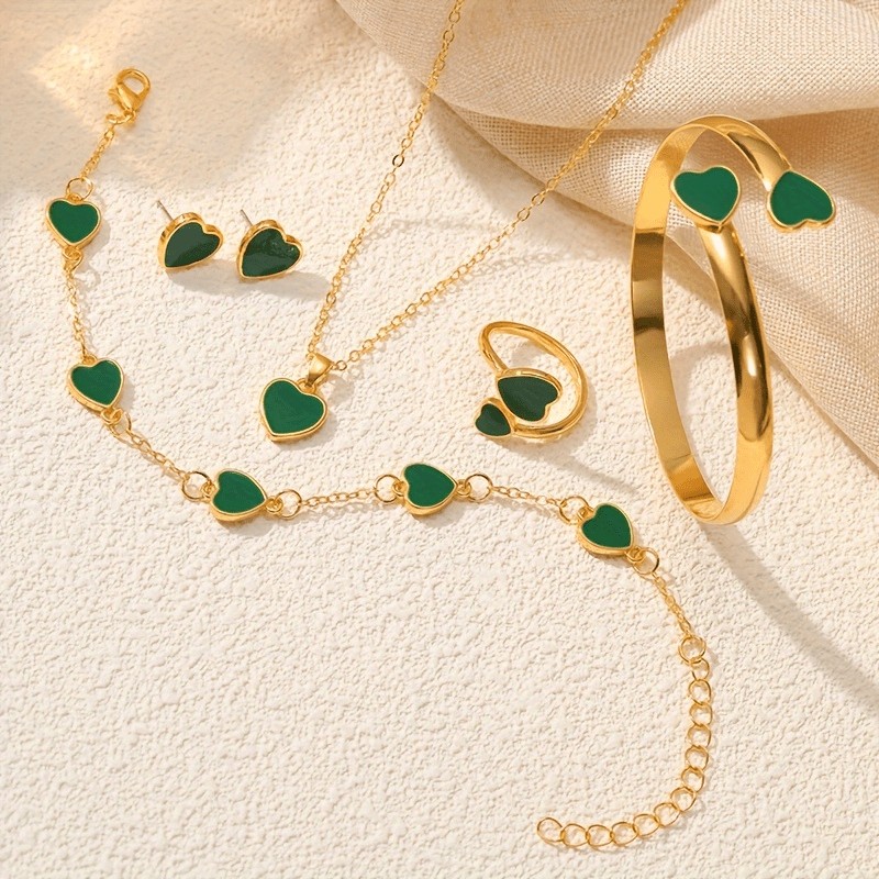 1 Pair of Stunning Earrings+1 Necklace+1 Bracelet+1 Bracelet+1 Ring - Full Set of Lucky Flower Or Peach Heart (Randomly Shipped) Design Alloy Jewelry, Artificial Gemstones, Fashionable Women'S Gifts