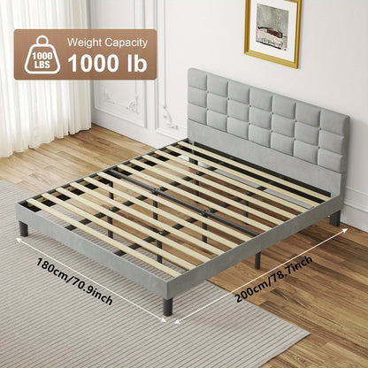 Velvet Bed Frame with Headboard & Wooden Slats | No Box Spring | No Pillow Gap | 30-Min Tool-Free Assembly | Single Double King Super King | Light Grey Platform Bed