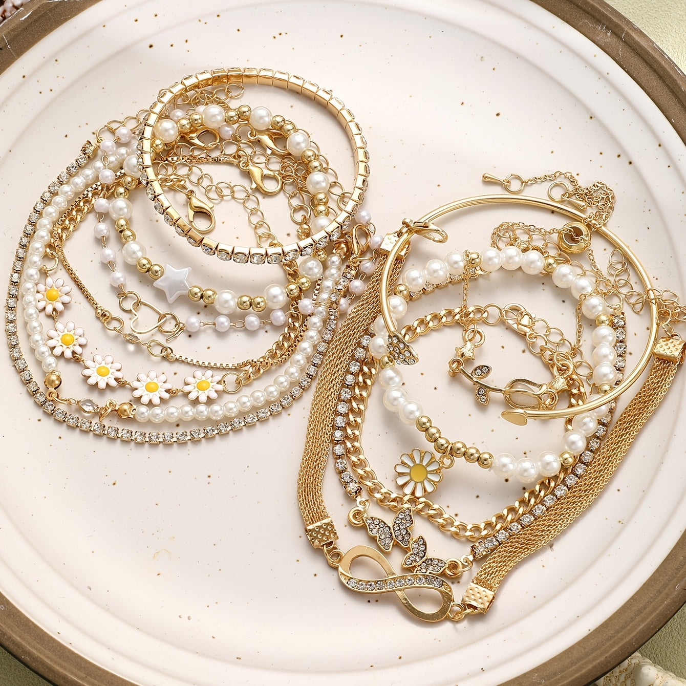 [Rhinestone Bracelet Set] 13pcs Multi-element Chain Bracelet Set - Multi-layer Stackable Floral, Star, Butterfly, and Heart Rhinestone Bling-bling Sparkling Round Bead Geometric Figure-8 Infinity Beaded, Fashionable Bohemian Style, Elegant and Exquisite V