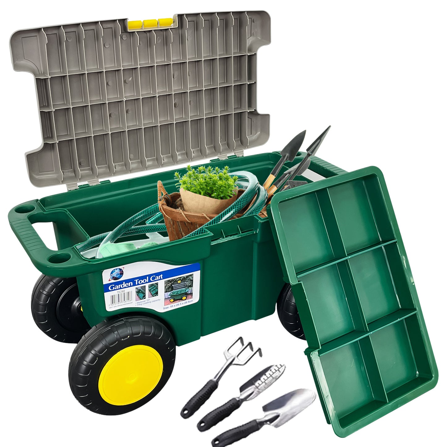 Gardeners Tool Cart and Seat, Wheeled Portable Rolling Weeding Stool and Tool Storage, Green