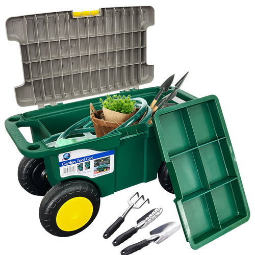 Gardeners Tool Cart and Seat, Wheeled Portable Rolling Weeding Stool and Tool Storage, Green