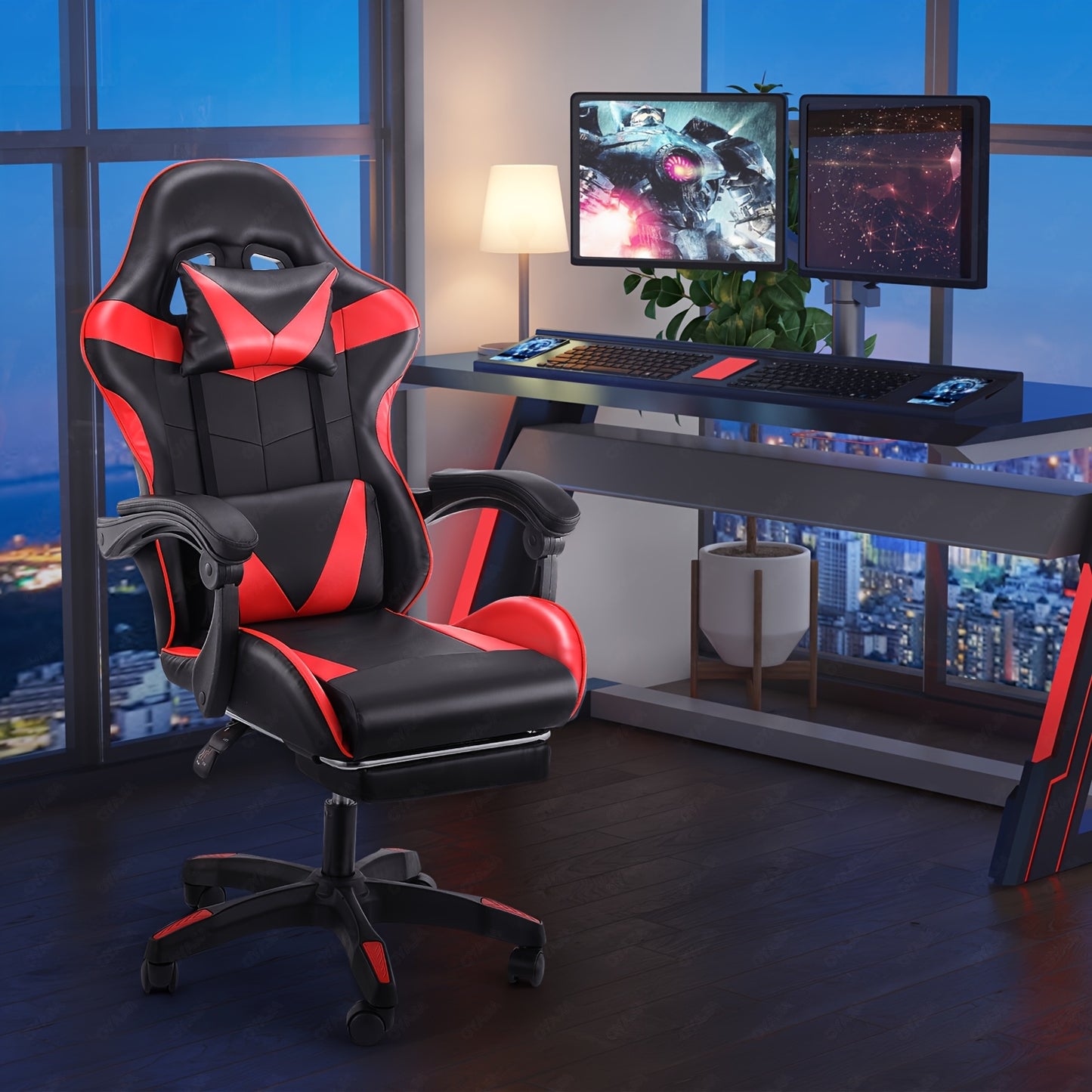 Gaming Chair for Adults with Footrest, Ergonomic Computer Chair with Massage Lumbar Support, Reclining Backrest, Swivel Office Gamer Chair with Headrest