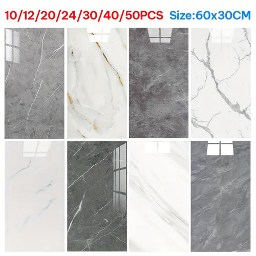 10-50pcs Marble Pattern Self-Adhesive Wall Decor Stickers, Glossy Finish, Washable Crystal Plastic Surface Recommended, Rectangle Waterproof And Oil Resistant Vinyl Wall Panels for Kitchen Bathroom Decor, for Halloween Christmas
