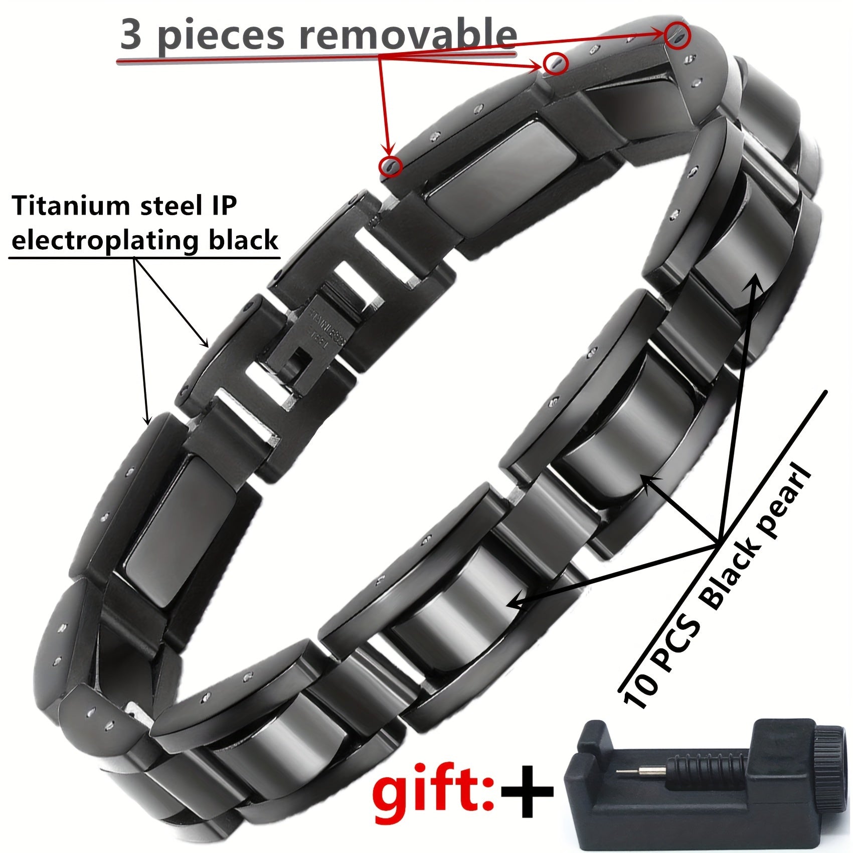 Black Stainless Steel Link Bracelet with Sizing Tool