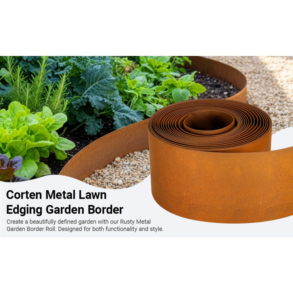 Corten Steel Lawn Edging 15cm x 5m – Pre-Aged Rust Finish, 0.3mm Thick Metal Garden Border for Lawns, Flower Beds & Gravel Paths | Gloves Included