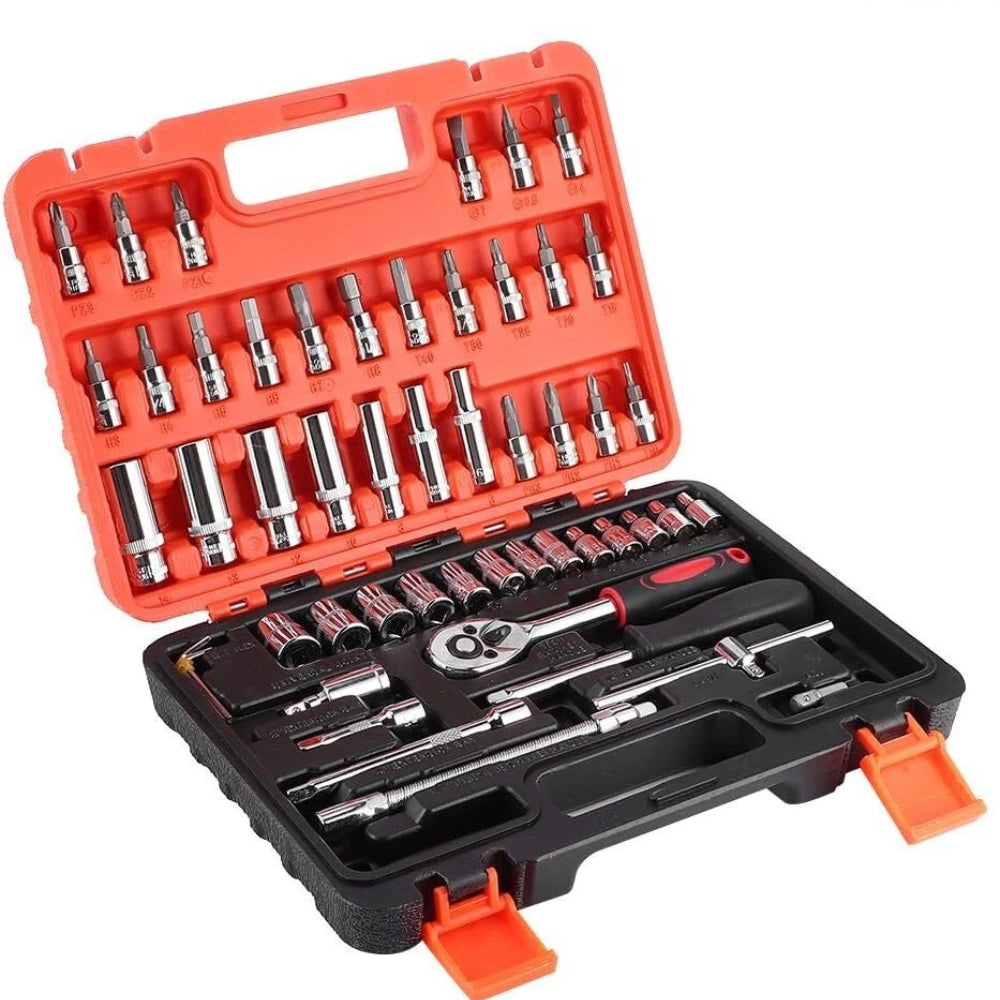 53pcs 1/ 4" Drive Ratchet Socket Wrench Set, with Carbide Screwdriver Bits - 1/ 4" Drive Ratchet with Flat, Hex, & Torx Heads, Extension Rod - Durable Tool Kit for Car Maintenance & Household Tasks