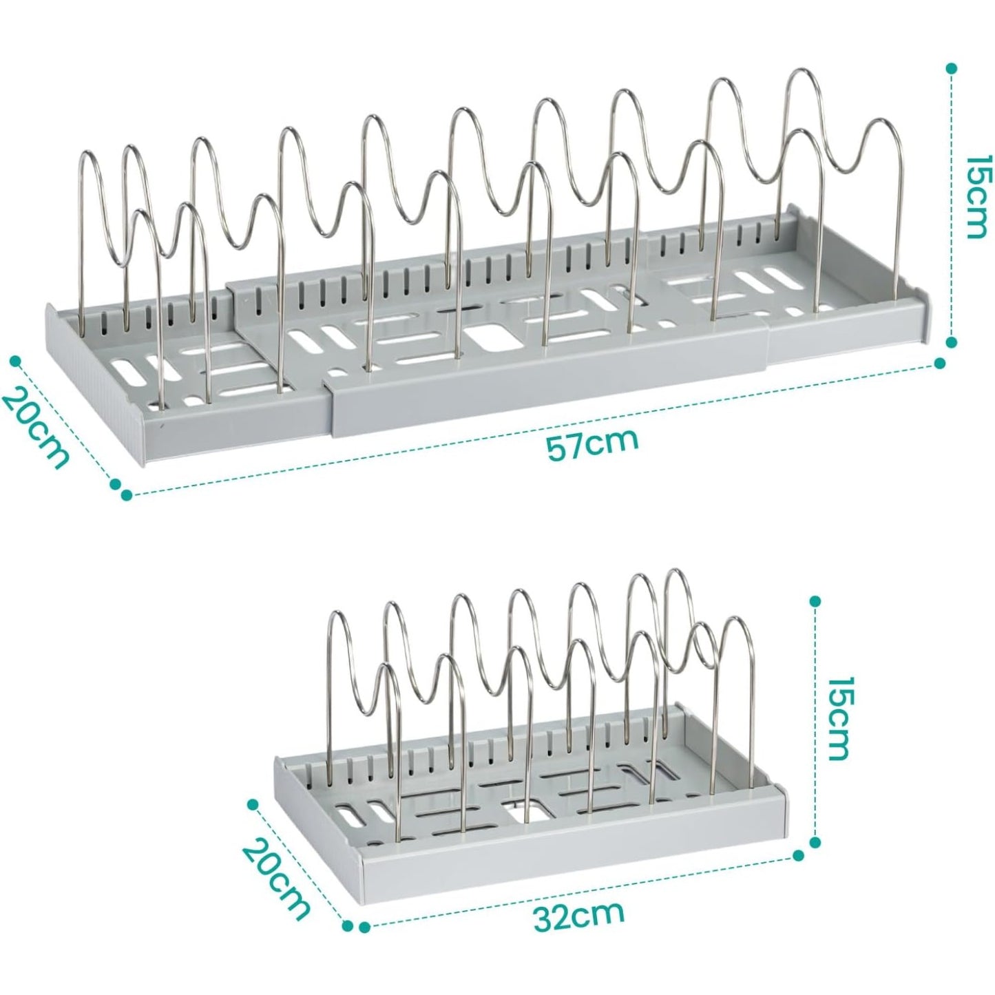 Expandable Pan Lid Organiser Rack 7/10 Adjustable Dividers, Anti-slip Pantry Cupboard Organiser Kitchen Drawer Bakeware Plate Holders for Pots, Pans, Chopping Board, Saucepan, Baking Trays