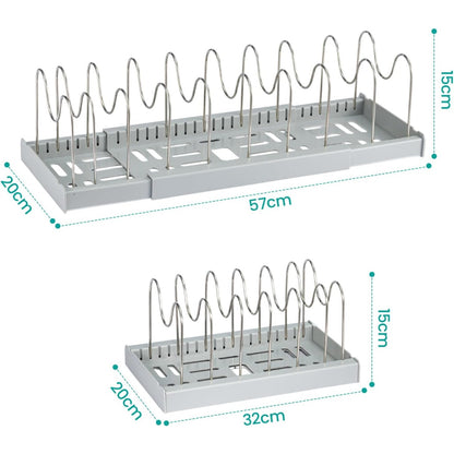Expandable Pan Lid Organiser Rack 7/10 Adjustable Dividers, Anti-slip Pantry Cupboard Organiser Kitchen Drawer Bakeware Plate Holders for Pots, Pans, Chopping Board, Saucepan, Baking Trays