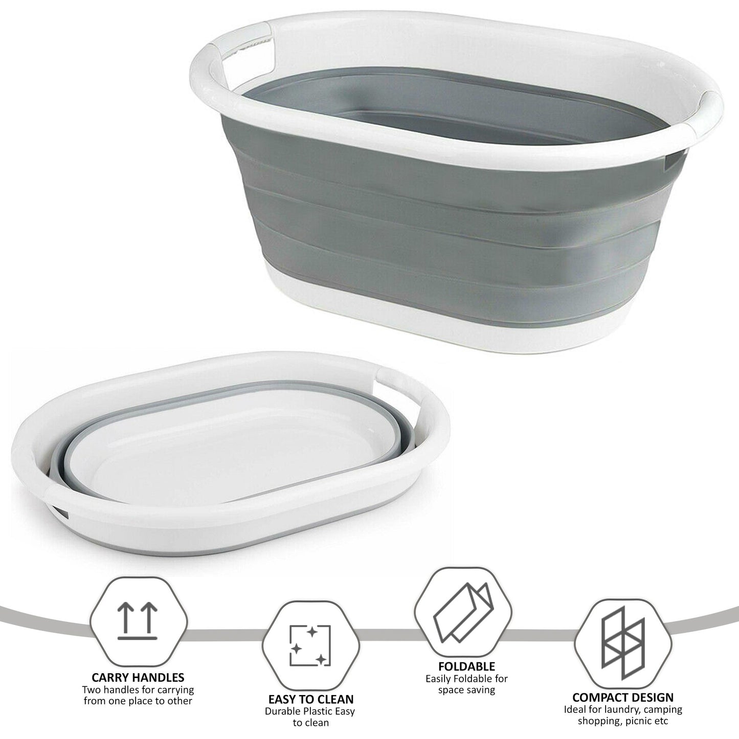 Foldable Laundry Basket Plastic - Small Collapsible Washing Baskets for Clothes - Portable and Ideal for Space Saving Storage Oval Shape - Grey