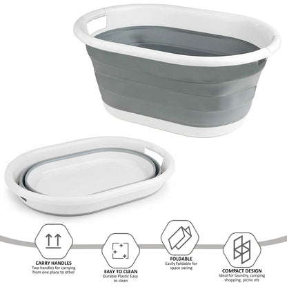 Foldable Laundry Basket Plastic - Small Collapsible Washing Baskets for Clothes - Portable and Ideal for Space Saving Storage Oval Shape - Grey