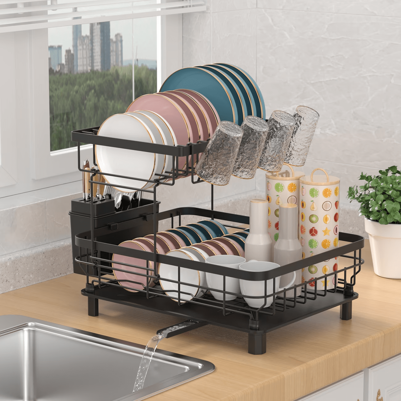 2 Tier Dish Drainer Rack Black Kitchen Counter Dish Storage Rack with Drip Tray Utensil Holder