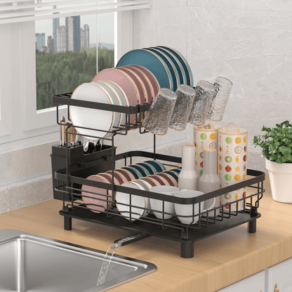 2 Tier Dish Drainer Rack Black Kitchen Counter Dish Storage Rack with Drip Tray Utensil Holder